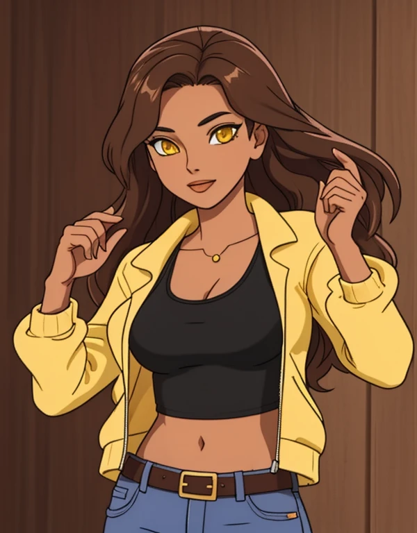 1girl, solo, 24yo, wavy hair, brown hair, (yellow eyes:1.5), tan-bronze skin, tan-skinned female, athletic figure, medium breasts BREAK She’s wearing early 2000's fashion: opened red jacket, black tank-top, (midriff), belt, jeans BREAK looking at viewer, BREAK set in the early 2000’s, BREAK (masterpiece:1.2), best quality, high resolution, unity 8k wallpaper, (illustration:0.8), (beautiful detailed eyes:1.6), extremely detailed face, perfect lighting, extremely detailed CG, (perfect hands, perfect anatomy),
