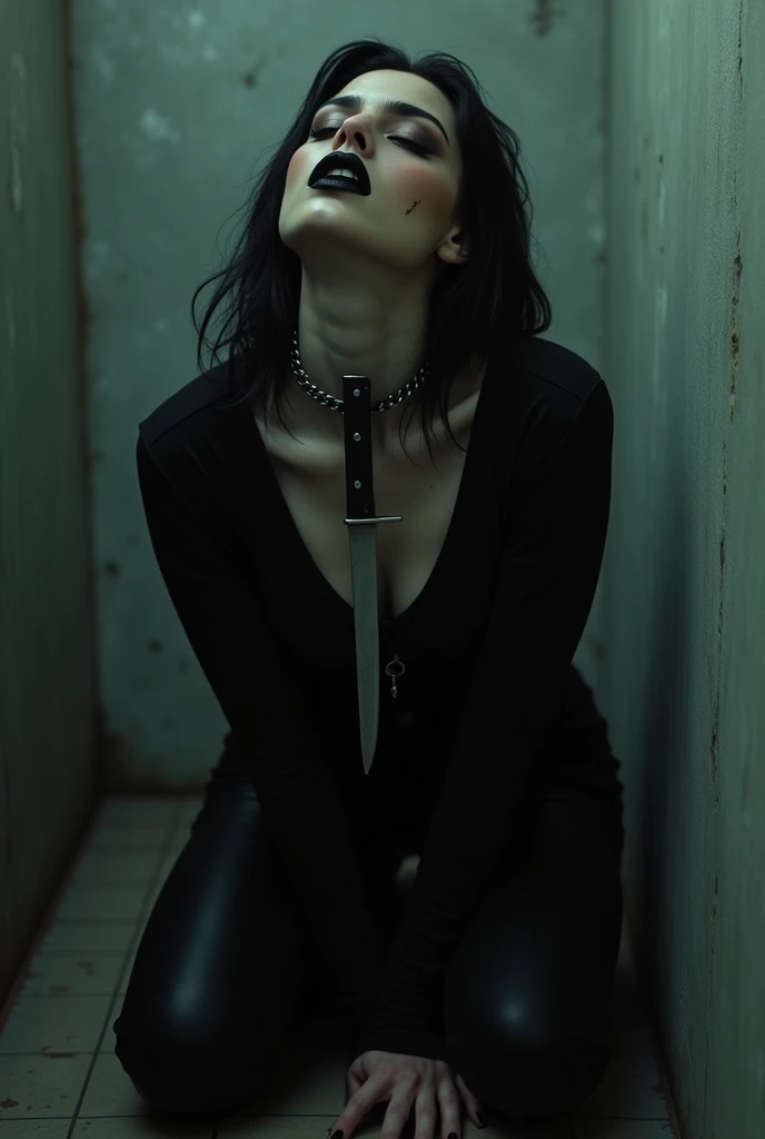 Girl, bruised body, scratched knees, tied up with chains, torn ragged dress 