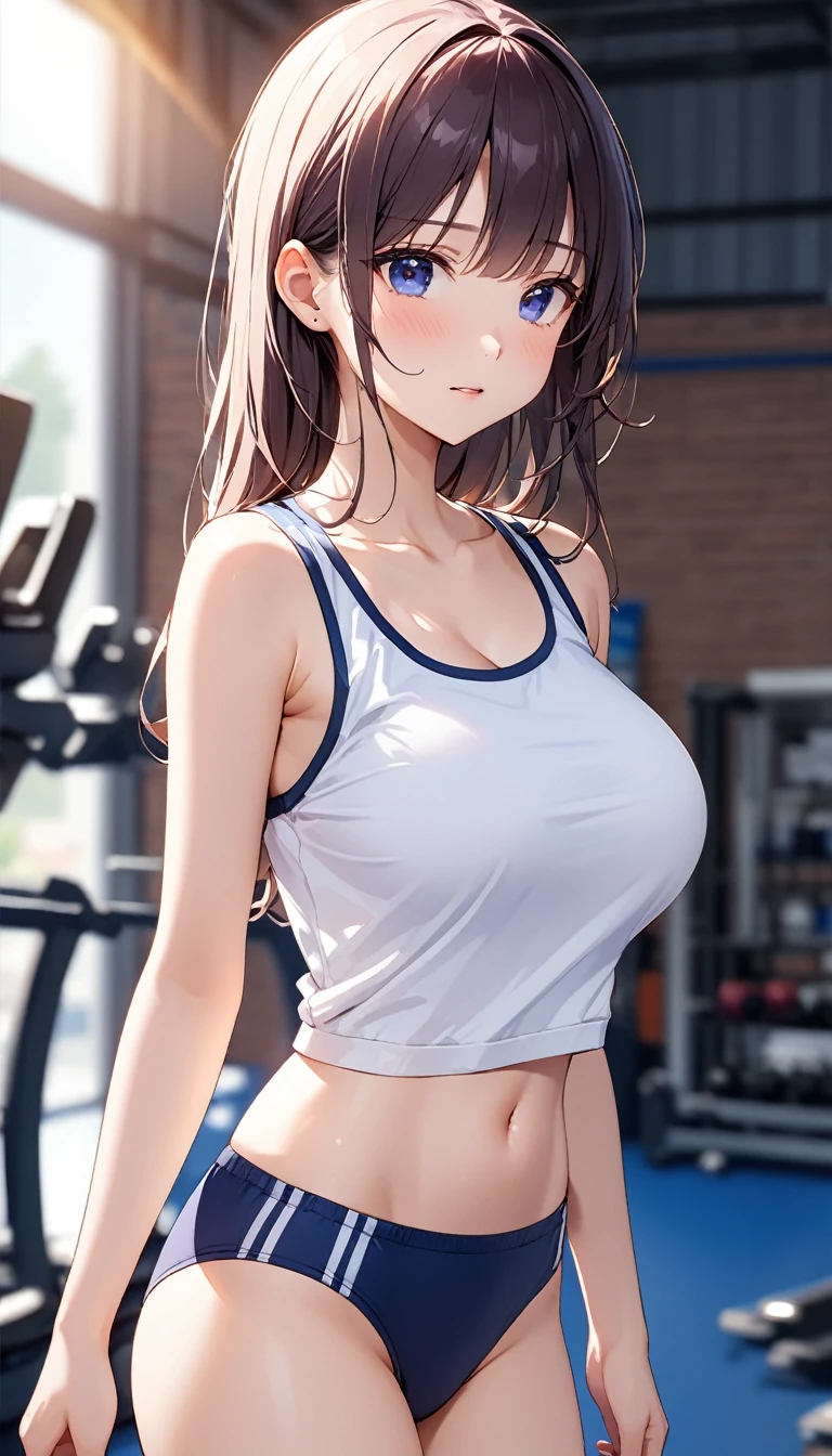 高いquality illustration, masterpiece, Very delicate and beautiful, Attractive girl,(White gym clothes、Navy blue underwear),thin,Slender body,slim、high school,Sports warehouse background,Princess, Beautiful Eyes,Embarrassing、blush、(masterpiece, Highest quality:1.2), High resolution, Very detailed CG ユニティ 8k 壁紙, Perfect lighting, colorful, 超High resolution,4K,Very detailed, photograph, 8k, High resolutionolution,、Big Breasts