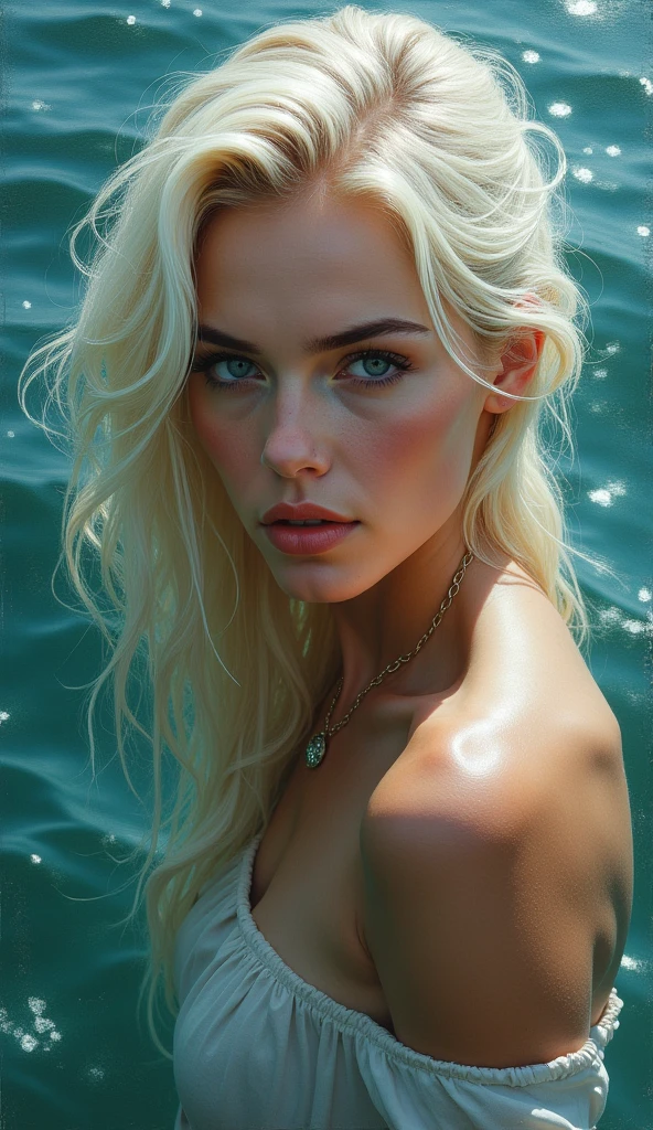 blonde woman with wet hair in a pool of water, ultra-realistic digital art, ultra realistic digital painting, highly realistic digital art, hyperrealistic fantasy art, ultra realistic concept art, arte digital ultrarealista, very realistic digital art, beautiful digital art, Ultra realistic digital art, Karol behind uhd, 4k realistic digital art, 4k realistic digital art