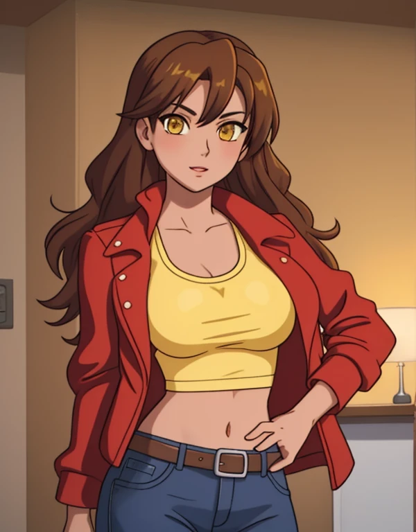 1girl, solo, 24yo, wavy hair, brown hair, (yellow eyes:1.5), tan-bronze skin, tan-skinned female, athletic figure, medium breasts BREAK She’s wearing early 2000's fashion: opened red jacket, black tank-top, (midriff), belt, jeans BREAK looking at viewer, BREAK set in the early 2000’s, BREAK (masterpiece:1.2), best quality, high resolution, unity 8k wallpaper, (illustration:0.8), (beautiful detailed eyes:1.6), extremely detailed face, perfect lighting, extremely detailed CG, (perfect hands, perfect anatomy),
