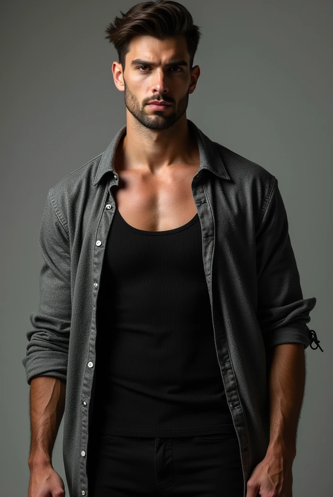 Make an arrogant face, The clothes are not neat, Looks tough, A young man in his twenties, Wearing dark gray pajamas