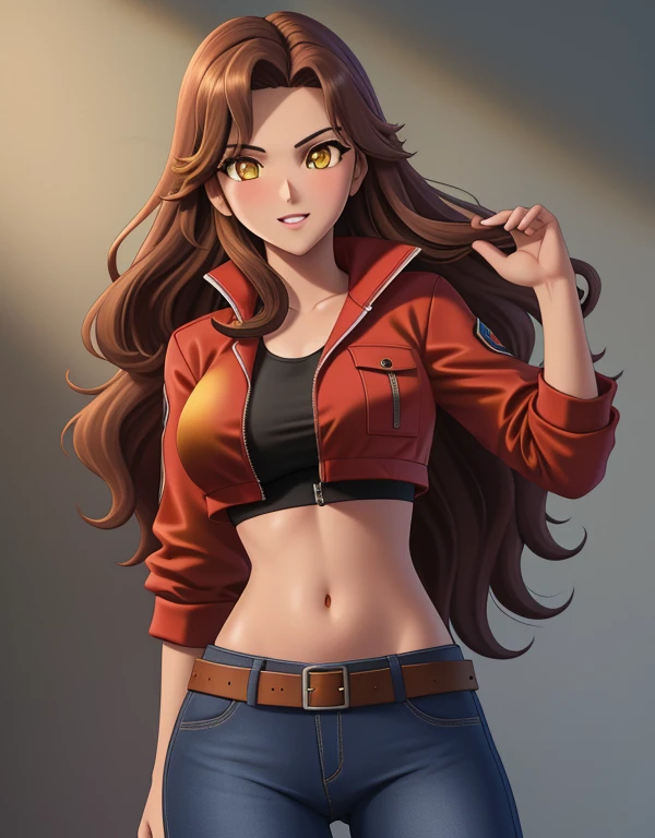 1girl, solo, 24yo, wavy hair, brown hair, (yellow eyes:1.5), tan-bronze skin, tan-skinned female, athletic figure, medium breasts BREAK She’s wearing early 2000's fashion: opened red jacket, black tank-top, (midriff), belt, jeans BREAK looking at viewer, BREAK set in the early 2000’s, BREAK (masterpiece:1.2), best quality, high resolution, unity 8k wallpaper, (illustration:0.8), (beautiful detailed eyes:1.6), extremely detailed face, perfect lighting, extremely detailed CG, (perfect hands, perfect anatomy),
