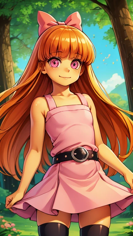 (1girl, solo, highly insanely detailed, masterpiece, top quality, best quality, highres, 4k, 8k, RAW photo),((innocent look)),((Childish)),From the front, symmetrical composition,smile,cute,Innocent,Kind eyes,Flat chest, (The Simpson Style),forest, outdoor, (blossom), (orange hair, long hair, blunt bangs, pink eyes)
(bow, dress, belt, thighhighs)