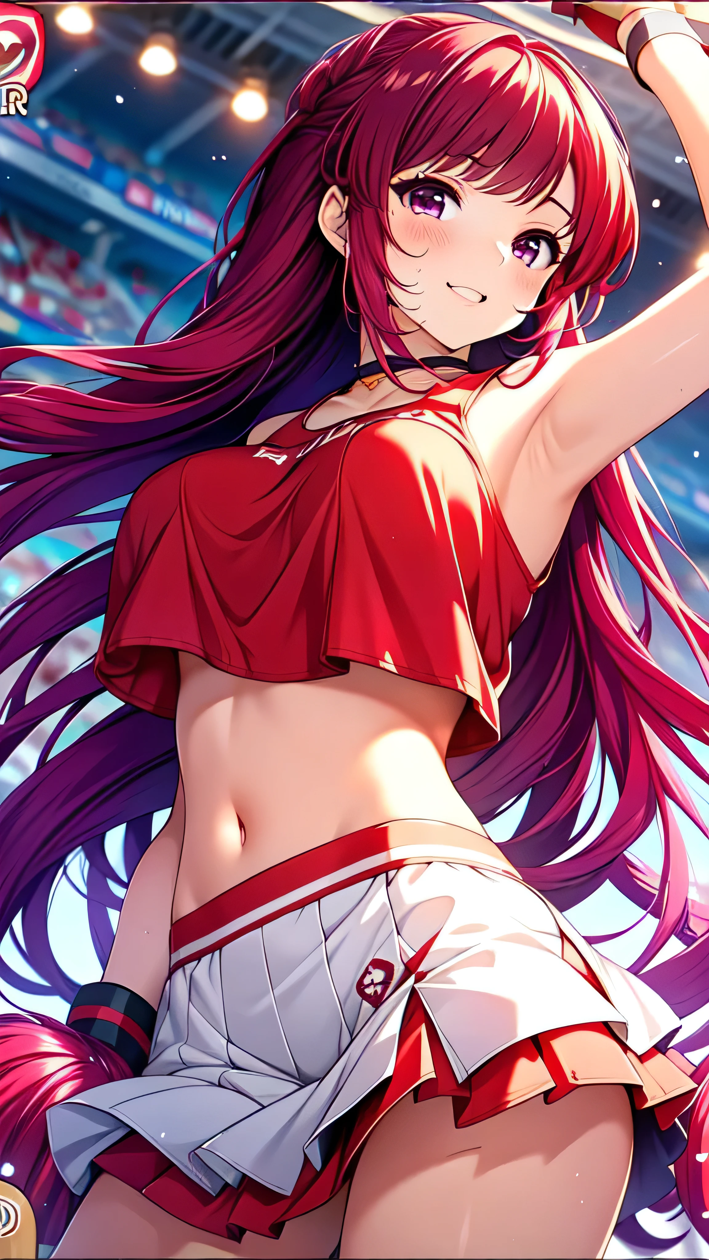 asamikei, (masterpiece, Highest quality, beautifully、aesthetic:1.3), 1girl, alone, college age, (Hourglass figure:1.1),  (cute smile:1.1), (Silvery red purple hair with reddish red streaks:1.4), (Gradient red purple hair tip:1.6), hair, Ridiculously long hair, Single Side Lock, Wavy Hair, Shiny Hair, Floating Hair, (Deep red eyes), Delicate eyes, red eyes, Very fine eye, Long upper eyelashes, compensate, Focus on the face, Very detailed facial, Pretty face, Perfect breasts, Hot body, (Delicate skin texture:1.2), cheerleader, red shirt, crop top, arm up, pom pom \(cheerleading\), red skirt, miniskirt, white panties, outdoors, stadium, Very detailed, gravure, nsfw, (cinematic angle:1.1, from below),