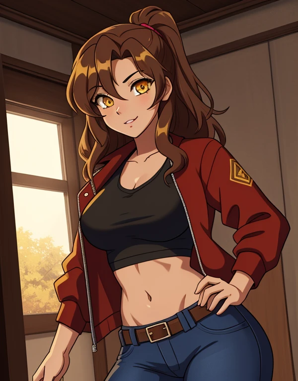 1girl, solo, 24yo, wavy hair, brown hair, (yellow eyes:1.5), tan-bronze skin, tan-skinned female, athletic figure, medium breasts BREAK She’s wearing early 2000's fashion: opened red jacket, black tank-top, (midriff), belt, jeans BREAK looking at viewer, BREAK set in the early 2000’s, BREAK (masterpiece:1.2), best quality, high resolution, unity 8k wallpaper, (illustration:0.8), (beautiful detailed eyes:1.6), extremely detailed face, perfect lighting, extremely detailed CG, (perfect hands, perfect anatomy),
