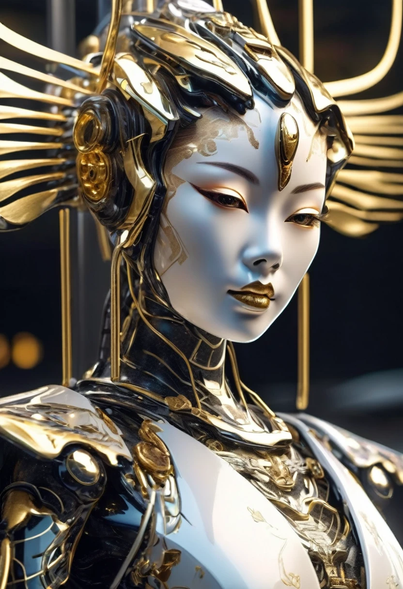 A portrait photo of a Japanese female robot in her twenties，Made of white and silver clear glass and plastic, Geisha makeup, black hairstyle, Silver and gold metal interior, dynamic poses, flowing organic structure, Meticulous carving, Lace design, Glowing golden circuit, coloRful Neon decoration, Meticulous carving, Lace design, light emitting circuit, Neon decoration, H&#39;s Art.R. jiger, GReg Rutowski