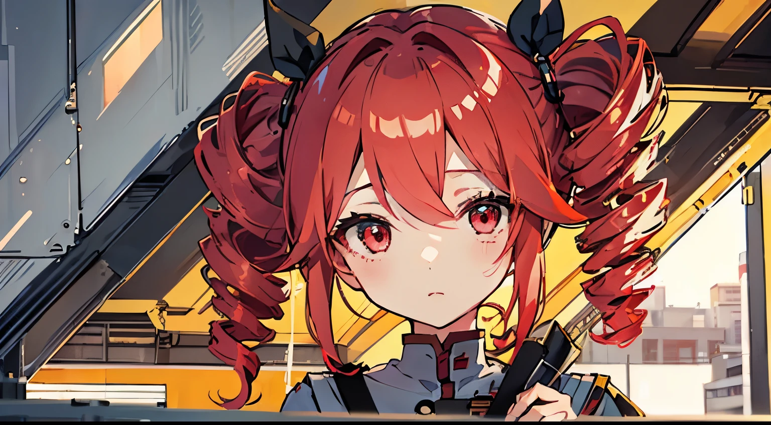 cute、One Girl、Highest quality、Dense lines、Delicately expressing every single hair((masterpiece))、Tet、KasaneTeto、Twin Drill Hair、Sad expression、evening、Redhead、neat clothes of neat gray color,,、Red curly hair like a drill、Red eyes、School rooftop、Looking up at the sky