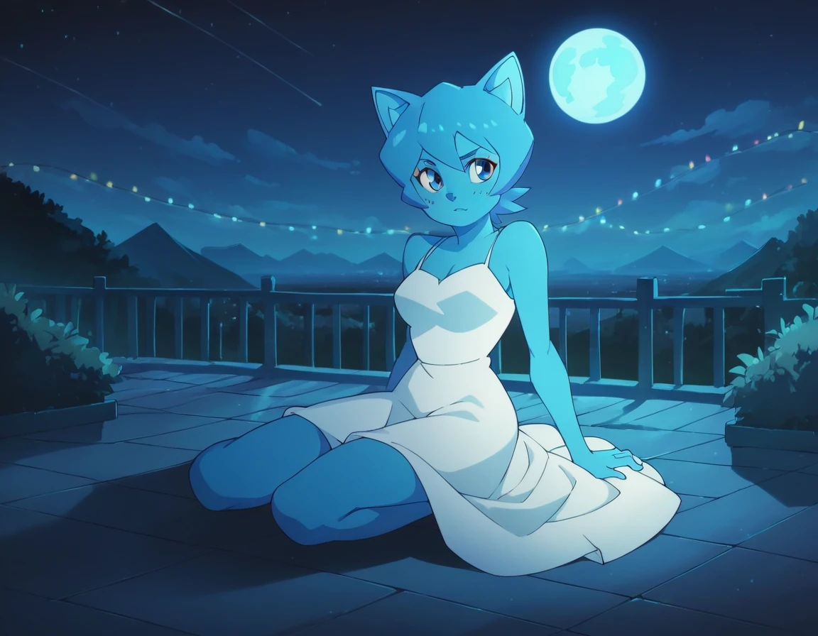 Nicole Watterson, blue skin, blue hair, cat ears, blue eyes, outdoors, sitting on floor, white dress, beautiful dress, looking to sky, night, northern lights, big moon, beautiful landscape, alone