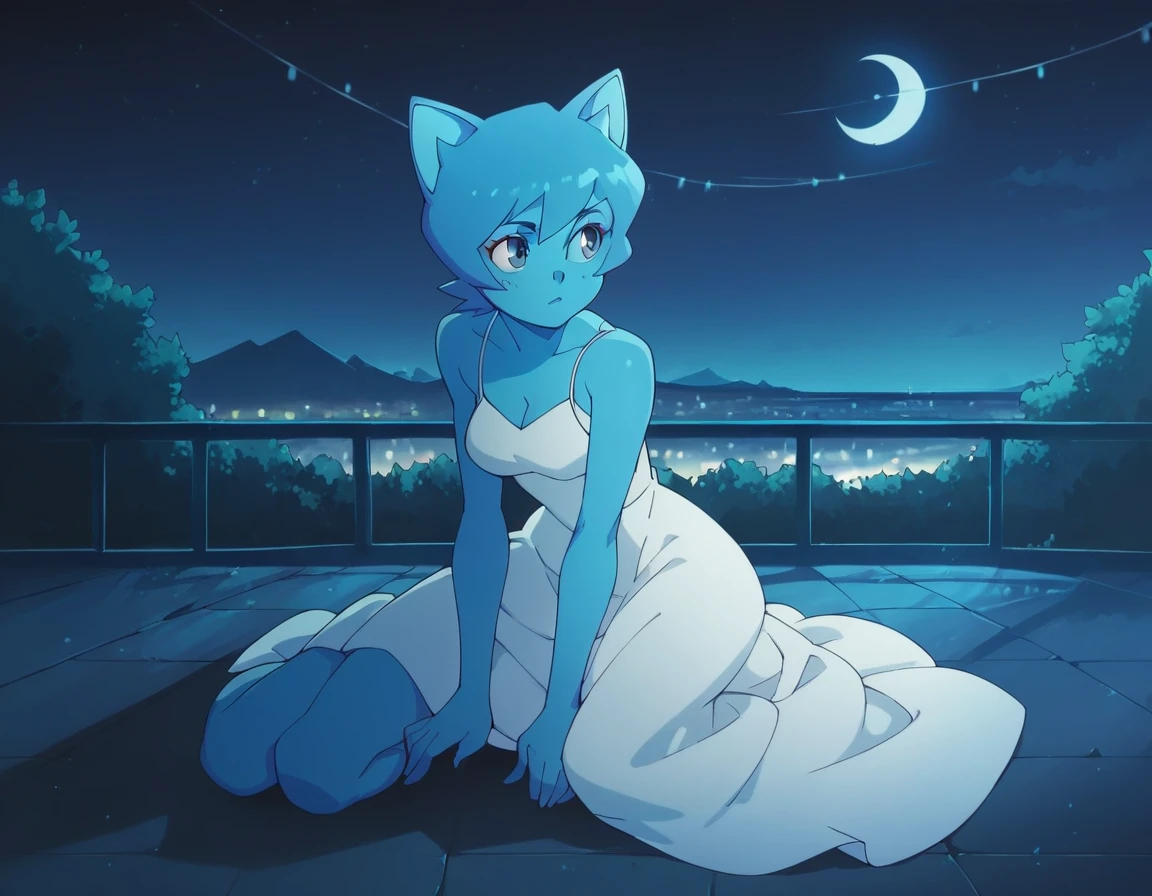 Nicole Watterson, blue skin, blue hair, cat ears, blue eyes, outdoors, sitting on floor, white dress, beautiful dress, looking to sky, night, northern lights, big moon, beautiful landscape, alone