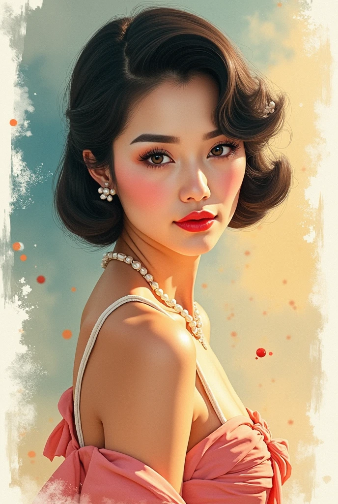 (close-up of the upper body of a woman wearing a green sleeveless top), exquisite digital illustration, (beautiful face_delicate features, clear and pale skin), long brown wavy hair, inspired work,