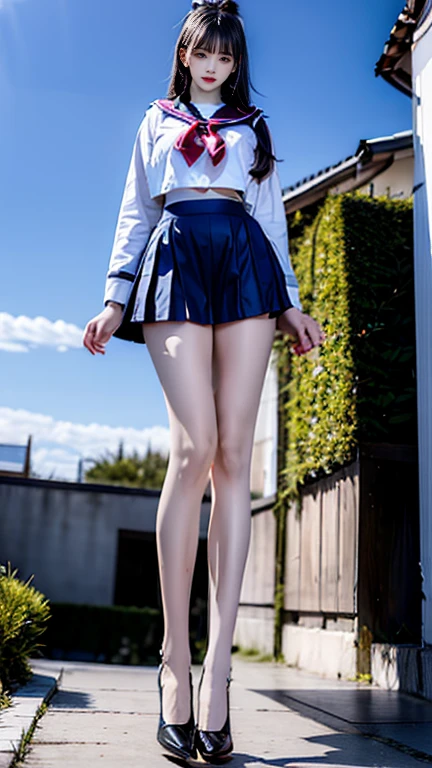 Super huge breasts, Cute Japanese Girl, (Huge breasts:1.8), Long black hair,ponytail, bangs, (school uniform), Tight waist, (Outdoor, garden, blue sky),(high school girl), (oily skin:1.6), (sailor suit:1.3), heavy makeup, Masterpiece,Best quality,A high resolution, 1girl, From below, (Very thin and straight legs), (Very long legs, Straight legs),High heels,long leges,standing on your feet, Long legs as seen from the front, Perfect body, with perfect legs