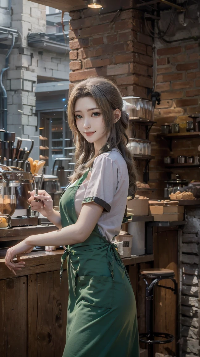 ultra-detailed、(8k、Highest quality、masterpiece:1.2)、(Realism、Realistic:1.37)、Ultra-high resolution、detailed face、(Highest quality)、(masterpiece)、solo,one girl,hight 163cm,(whole body:1.5),Aerith,green eyes,fair skin,orval shaped face,joyfully,(Smile:1.3),standing,from front,arms behind back,wearing necklaces under sirt,(wearing green apron:1.5), Starbucks、(((wearing black sirt:1.3,)))、black skinny pants、Starbucks Employee、slender、three size: 88.57.85、location is starbucks cafe,((The interior of the cafe with soft light shining in)), (There are many antique tables and chairs), ((Clock, houseplants, stairs, hanging L lights, (cafe supplies:1.2), shelves with coffee beans)).((reflect))