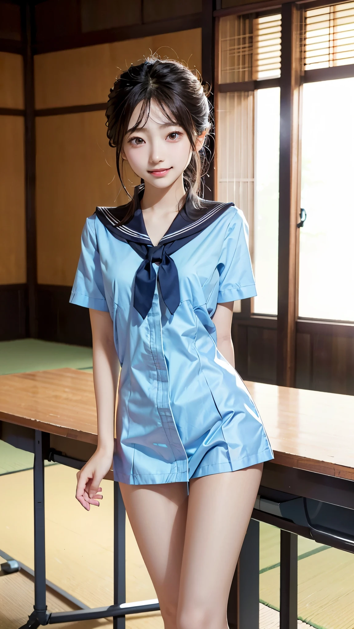 A young woman wearing a sailor suit is sitting。A dimly lit private room in an adult entertainment shop with a bedroom and bath attached.。There are many bath towels on the shelf。There is a clock and a tissue box on the bed.。