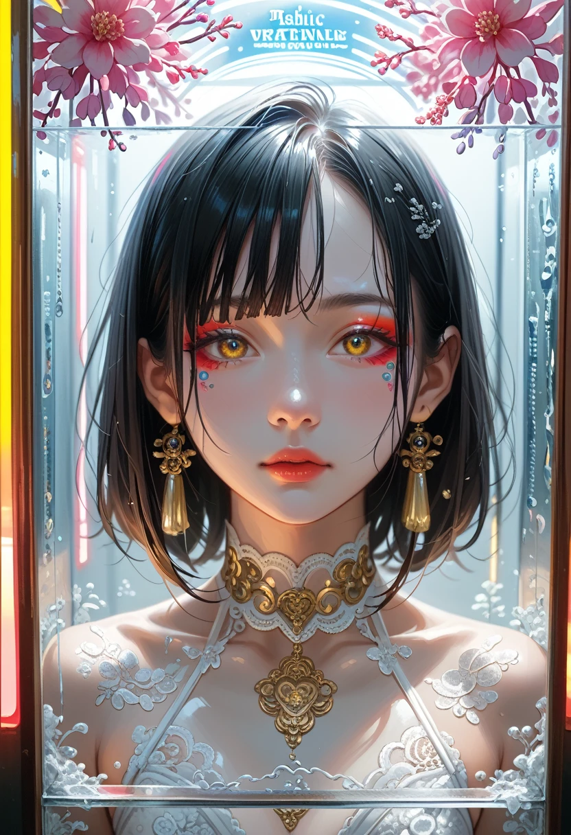 A portrait photo of a Japanese female robot in her twenties，Made of white and silver clear glass and plastic, Geisha makeup, black hairstyle, Silver and gold metal interior, dynamic poses, flowing organic structure, Meticulous carving, Lace design, Glowing golden circuit, coloRful Neon decoration, Meticulous carving, Lace design, light emitting circuit, Neon decoration, H&#39;s Art.R. jiger, GReg Rutowski