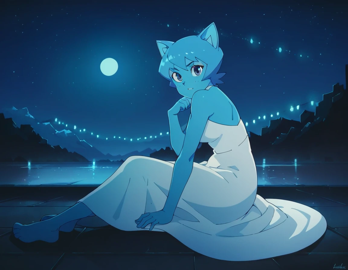 Nicole Watterson, blue skin, blue hair, cat ears, blue eyes, outdoors, sitting on floor, white dress, beautiful dress, looks at sky, night, Northern_Lights, big moon, beautiful landscape, alone