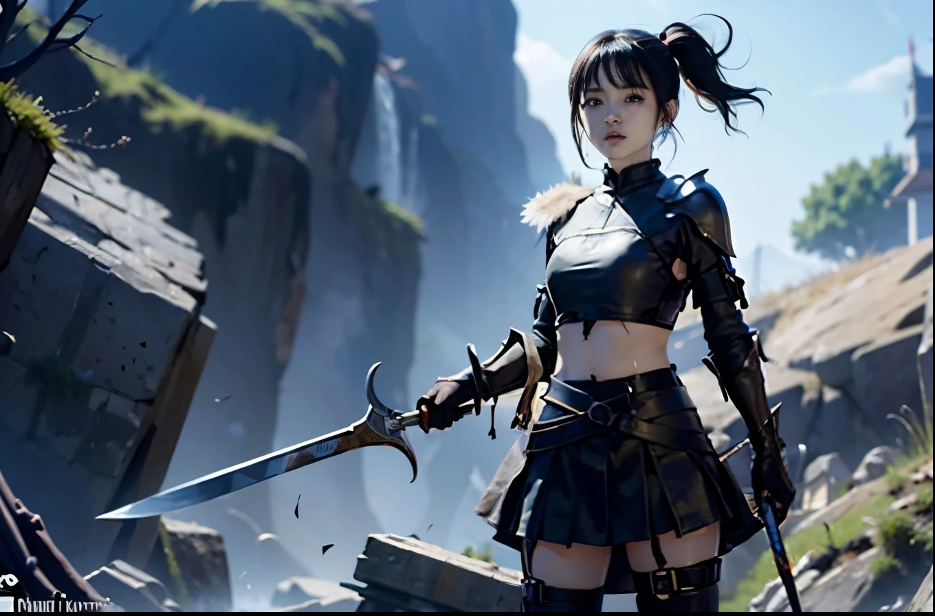 official art,extremely detailed CG unity 8k wallpaper, best quality,masterpiece, highres,{{guro}},{{bloody}},{{1vs1_sword_duel}},{{{girl_and_enemy_both_kill_eachother_simultaneously_in_sword_duel}}},after_duel,girl_injured,{{wounds_on_belly}},{{scar_on_belly}},cut_down,open_mouth,mortally_strike,impale,girl_dying,{{enemy_deadbody}},open_mouth,1girl,shorthair,blackhair,grayeyes,ninja,longboots,miniskirt,gloves,sword,midriff,leather_armor,{{enemy_killed_by_girl}},{{girl_killed_by_enemy}},