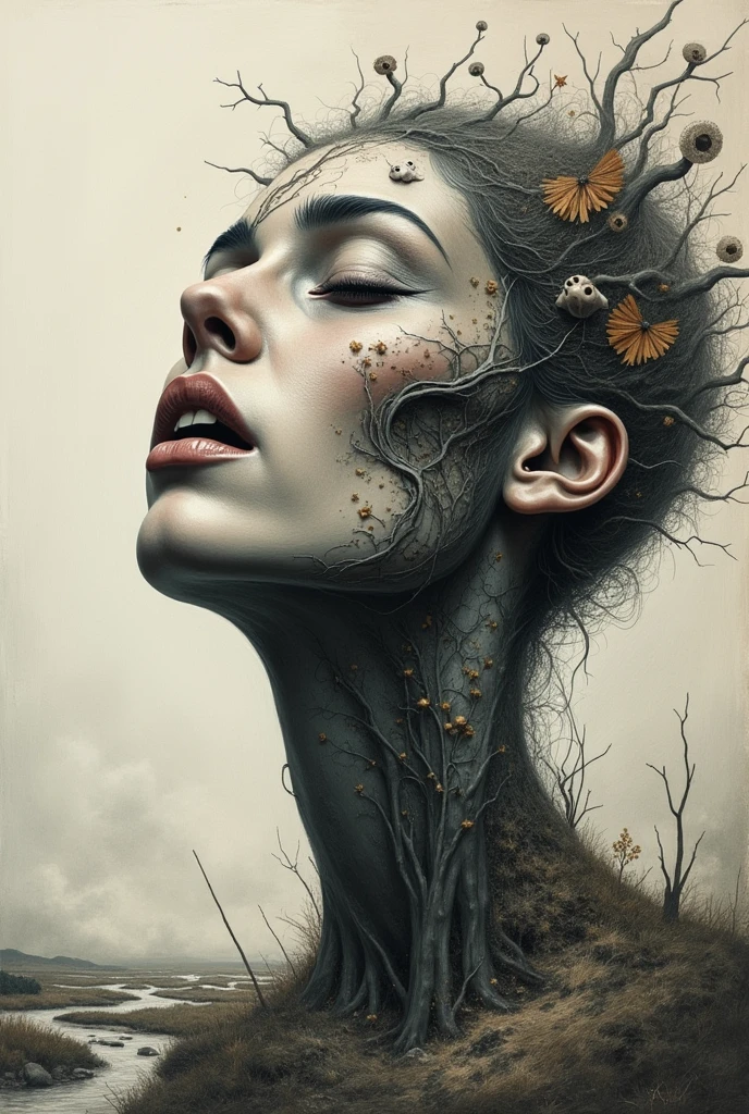 a painting of a woman's head surrounded by stranges things