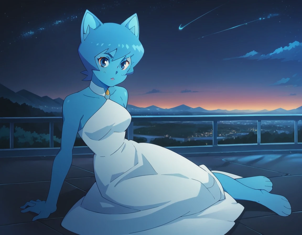 Nicole Watterson, blue skin, blue hair, cat ears, blue eyes, outdoors, sitting on floor, white dress, beautiful dress, looks at the sky, night, beautiful landscape, alone