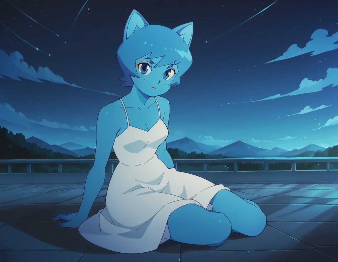 Nicole Watterson, blue skin, blue hair, cat ears, blue eyes, outdoors, sitting on floor, white dress, beautiful dress, looks at the sky, night, beautiful landscape, alone