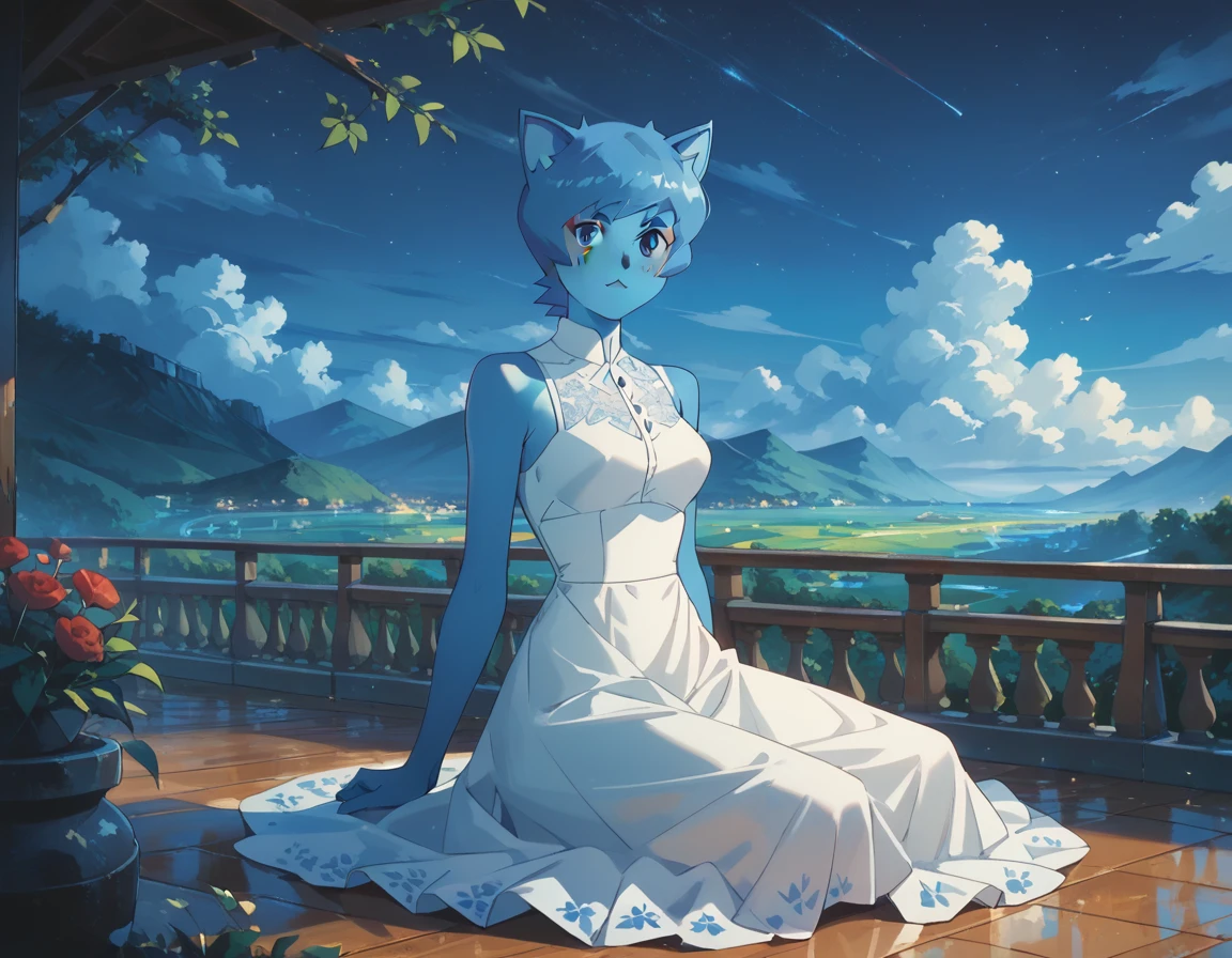 Nicole Watterson, blue skin, blue hair, cat ears, blue eyes, outdoors, sitting on floor, white dress, beautiful dress, looks at the sky, night, beautiful landscape, alone