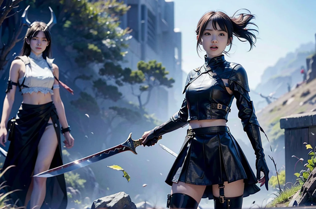 official art,extremely detailed CG unity 8k wallpaper, best quality,masterpiece, highres,{{guro}},{{bloody}},{{1vs1_sword_duel}},{{{girl_and_enemy_both_kill_eachother_simultaneously_in_sword_duel}}},after_duel,girl_injured,{{wounds_on_belly}},{{scar_on_belly}},cut_down,open_mouth,mortally_strike,impale,girl_dying,{{enemy_deadbody}},open_mouth,1girl,shorthair,blackhair,grayeyes,ninja,longboots,miniskirt,gloves,sword,midriff,leather_armor,{{enemy_killed_by_girl}},{{girl_killed_by_enemy}},