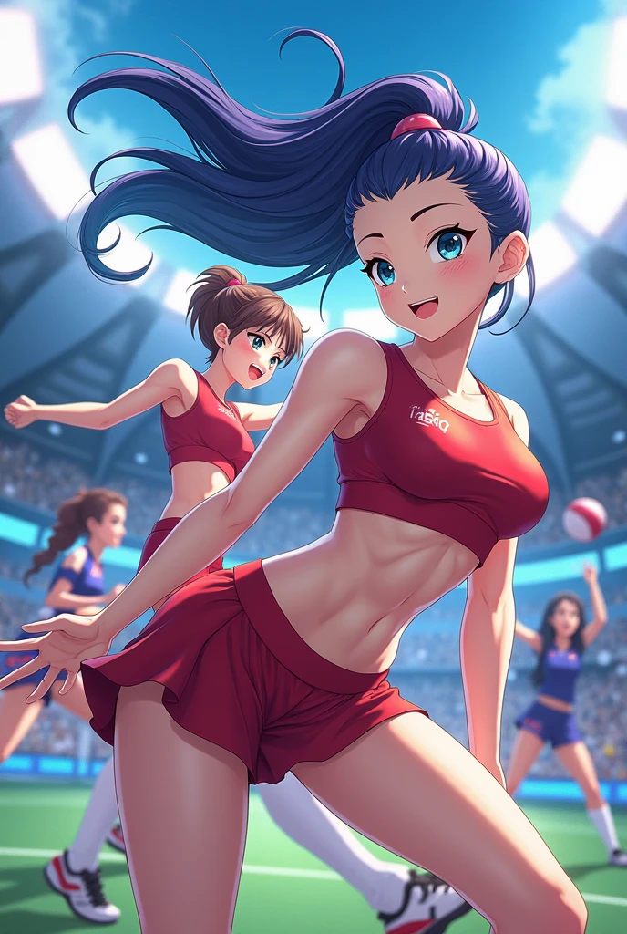 two girls with fat ass's red eyes, white skin, pale skin, tattoo, multicolored hair, short hair,sportswear, from behind,