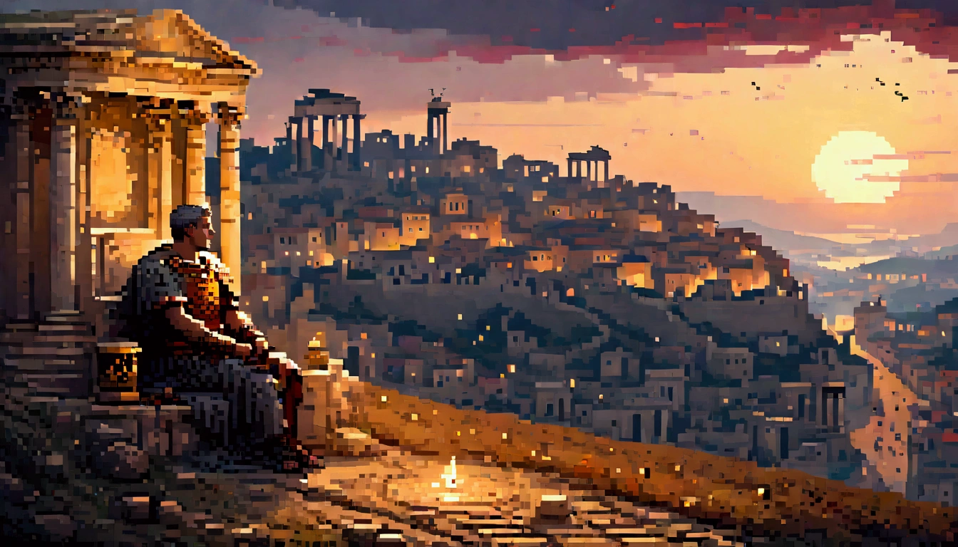 A Roman emperor sits on a hill at dusk, looking at the horizon, with the sun setting and symbols of mortality around him, such as an hourglass and dry leaves blowing in the wind.