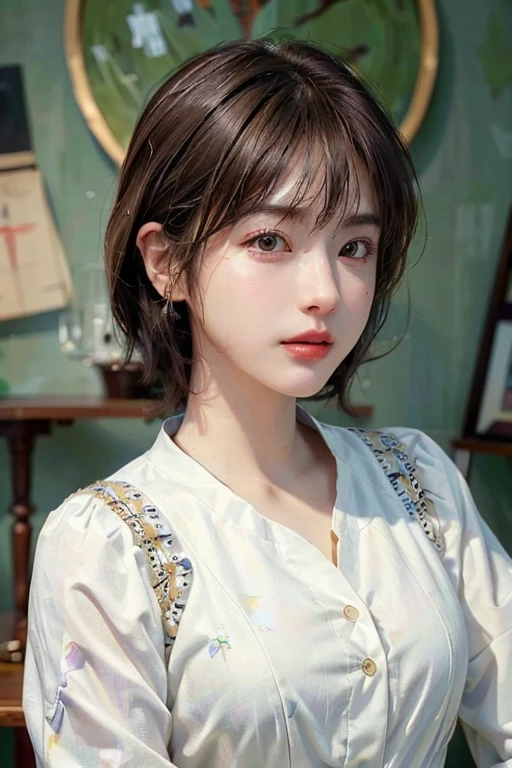masterpiece, 1 beautiful girls, (((very_Short_hair))), Eye details, Swollen eyes, Top image quality, 超A high resolution, (Realistis: 1.4), OriginalPhotographs, 1girl in, Cinematographic lighting, japanes, Asian Beauty, very beautif, Beautiful skins, Thin, (A hyper-realistic), (hight resolution), (8 K), (ighly detailed), (The best illustrations), (beautifully detailed eyes), (ultra-detailliert), A detailed face, look at a camera, Facing straight ahead, Neat Clothing, shorth hair、A dark-haired、46-point diagonal bangs、Luxury hotel interior background、flower arrangement、vases、Neat and clean, Picture frame painting