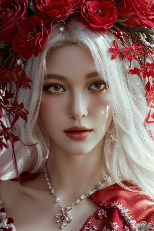 A close-up of a woman in a red dress and a flower crown, beautiful fantasy portrait, karol behind uhd, red ornaments, ethereal beauty, Red and white colors, beautiful digital artwork, red ornaments, beautiful fantasy art portrait, fantasy portrait, 4k high definition. snow white hair, Artistic portrait photography in 8k., Beautiful surreal portrait