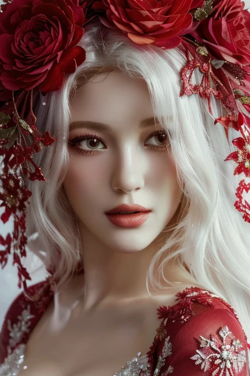 A close-up of a woman in a red dress and a flower crown, beautiful fantasy portrait, karol behind uhd, red ornaments, ethereal beauty, Red and white colors, beautiful digital artwork, red ornaments, beautiful fantasy art portrait, fantasy portrait, 4k high definition. snow white hair, Artistic portrait photography in 8k., Beautiful surreal portrait