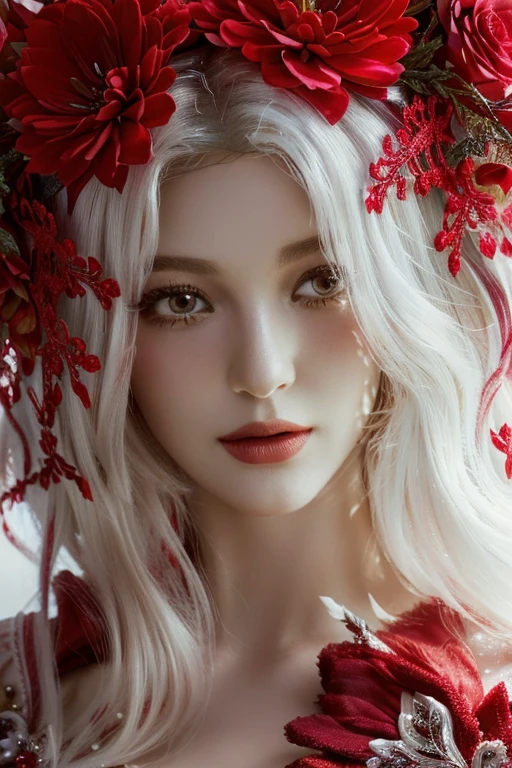 A close-up of a woman in a red dress and a flower crown, beautiful fantasy portrait, karol behind uhd, red ornaments, ethereal beauty, Red and white colors, beautiful digital artwork, red ornaments, beautiful fantasy art portrait, fantasy portrait, 4k high definition. snow white hair, Artistic portrait photography in 8k., Beautiful surreal portrait