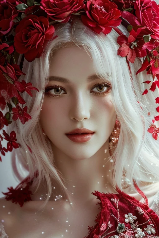 A close-up of a woman in a red dress and a flower crown, beautiful fantasy portrait, karol behind uhd, red ornaments, ethereal beauty, Red and white colors, beautiful digital artwork, red ornaments, beautiful fantasy art portrait, fantasy portrait, 4k high definition. snow white hair, Artistic portrait photography in 8k., Beautiful surreal portrait