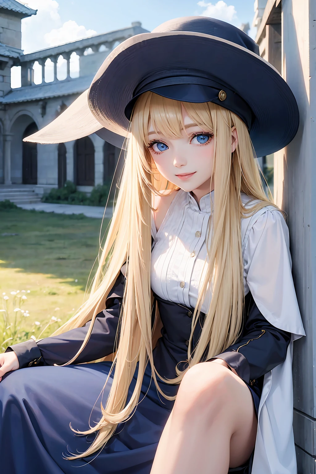 Blonde woman with long hair and bangs, blue eyes, hat on her head, madam's clothes, looking at someone, serene look, smiling, field scene