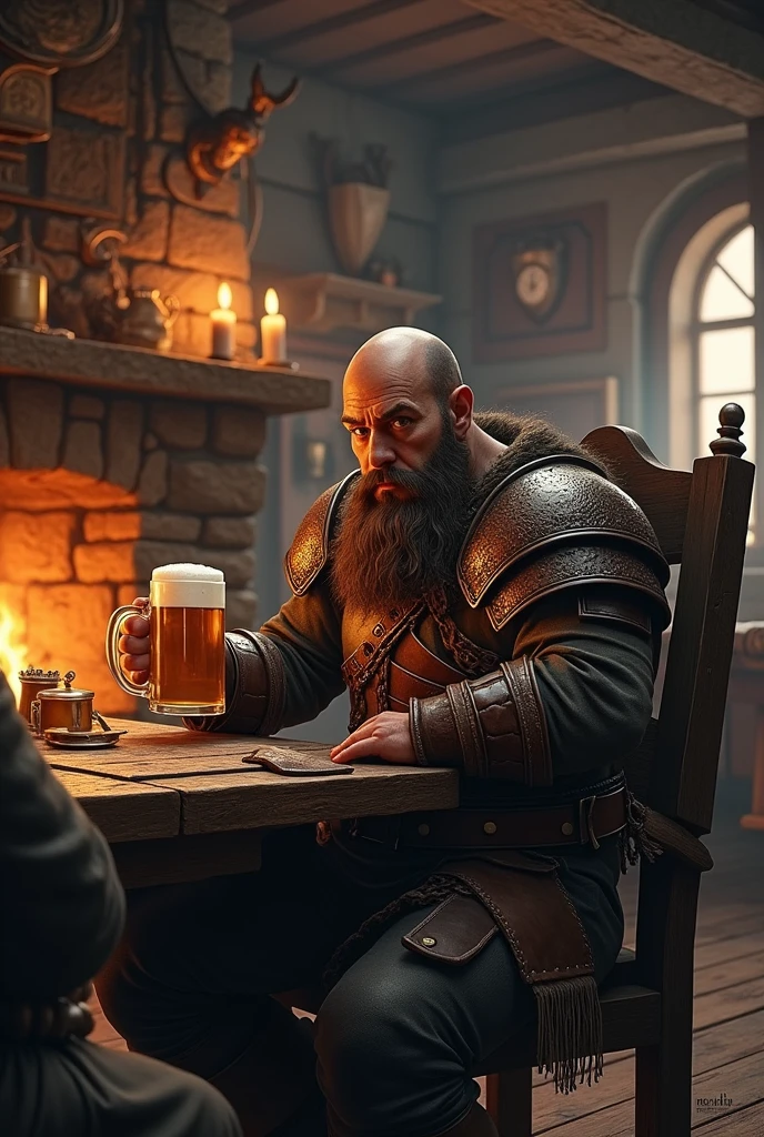 a poor 25 year old peasant from world of warcraft, sitting in a tavern drinking beer, wearing a gray coat with a white collar, with a dirty unkempt face and messy black hair, detailed face and expression, dramatic lighting, cinematic, highly detailed, award winning digital art, artstation, greg rutkowski, conceptart
