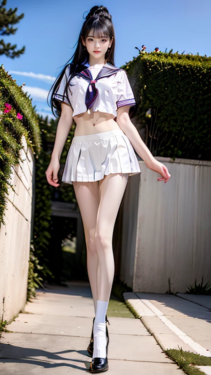 (masutepiece,hight resolution,16 K:1.2),(1girl in:1.4),off shoulders,Long hair,Cute white underwear,(Beautiful thighs,lovely thighs,glowing thigh),Beautiful navel,beatiful detailed eyes,Looks like a 12-year-old,150cm petite beautiful girl,a baby face,A smile,Walking on the river,Raw photo,Full body,absurderes,Cute smile