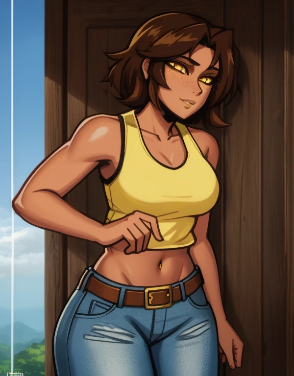 1girl, solo, mixed race Nicaraguan-Navajo woman, 24yo, short wavy hair, brown hair, (yellow eyes:1.5), tan-bronze skin, athletic figure, medium breasts BREAK She’s wearing early 2000's fashion: opened red jacket, black tank-top, belt, jeans BREAK looking at viewer, BREAK set in the early 2000’s, BREAK (masterpiece:1.2), best quality, high resolution, unity 8k wallpaper, (illustration:0.8), (beautiful detailed eyes:1.6), extremely detailed face, perfect lighting, extremely detailed CG, (perfect hands, perfect anatomy),
