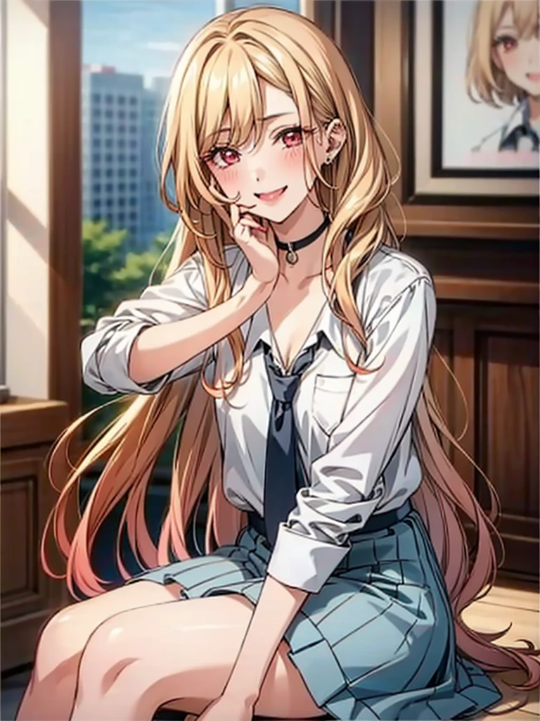 ((Master quality, 8K, masterpiece:1.3, ultra-detailed, high resolution, RAW Photos, detailed , blurry, Actual, ((hyper realistic)), photo, HDR)), BREAK, Anatomically perfect, perfect hands, perfect legs, perfect feet, detailed eyes, BREAK, , kitagawa marin, ((blond long hair, red eyes)) , gyaru, blush, , One girl alone, BREAK, beautiful face, beautiful detailed eyes, , ((( sitting ))), , ( Round and Stacked Breasts, ), Cleavage, , , slim waist, (((, seductive smile ))), Sweat-soaked skin, BREAK, wearing( ,  , school uniform, , white shirt, Navy Blue skirt , jewelry , , ear piercing, earrings, black choker , collared shirt, , nail polish, sparkle, long fingernails, fingernails, , pink nails, , sleeves rolled up, barbell piercing, black necktie, lace bra, , Wet:1.5, ), , BREAK, ( Random Angle, full-body, ), dynamic angle, , background(Realistic , cinematic lighting, depth of field, indoor, herroom, lots of anime posters, A flirty atmosphere, , , light particles)