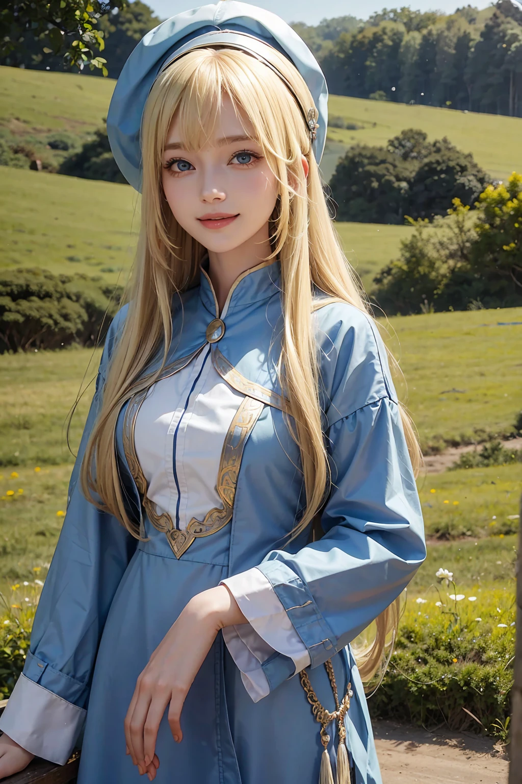 Blonde woman with long hair and bangs, blue eyes, hat on her head, madam's clothes, looking at someone, serene look, smiling, field scene