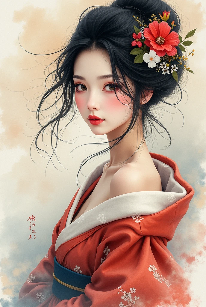 young japanese woman illustration with splatter background and spray paint effect, making: Eugeniusz Zak, Watercolor art, making: lotz karoly, Watercolor painting, Watercolor painting style, Watercolor detail art, making: Reuben Tam, Watercolor Digital Painting, water colour, Amazingly detailed watercolors, Watercolor art, Grzegorz Lutkowski