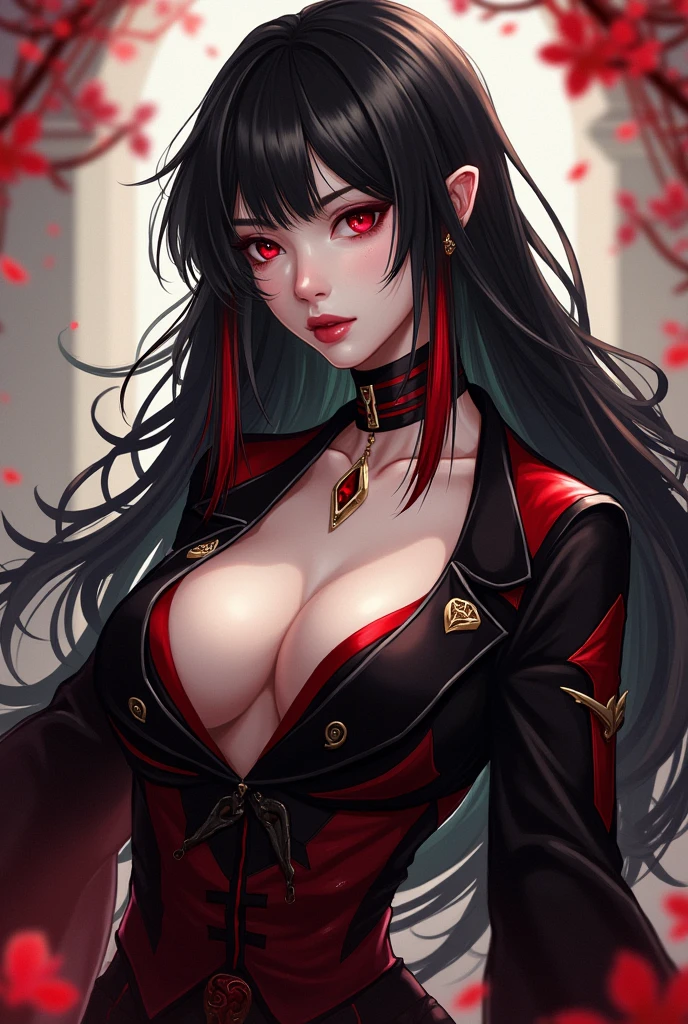 a beautiful young girl with scarlet eyes, long flowing black hair, prominent bust size, wearing a deep neckline red jacket and red skirt with black tights, standing at a casino gaming table with gaming chips nearby, holding black panties in her hands, smiling seductively,(best quality,4k,8k,highres,masterpiece:1.2),ultra-detailed,(realistic,photorealistic,photo-realistic:1.37),hyper detailed face and eyes,extremely detailed eyes and face,extreme close up,beautiful detailed eyes,beautiful detailed lips,longeyelashes,casino interior,gaming table,gaming chips,red and black color scheme,chiaroscuro lighting,dramatic shadows,moody atmosphere