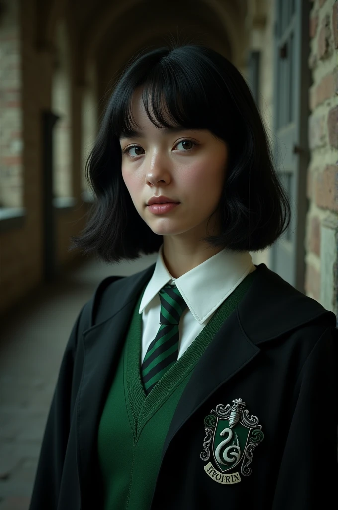Asian girl in Slytherin uniform, wavy hair, short hair, blond hair, hair with aqua green highlights, girl with a wand in her hand, girl being in an old castle 