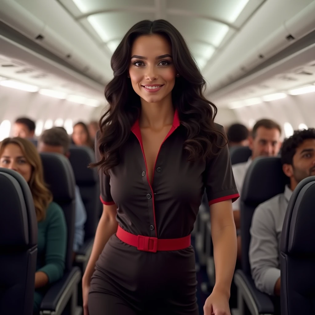 portrait of a middle aged stewardess working in a plane with her hands in her pockets and saggy tits, surrounded by male travelers dressed in holidays clothing
