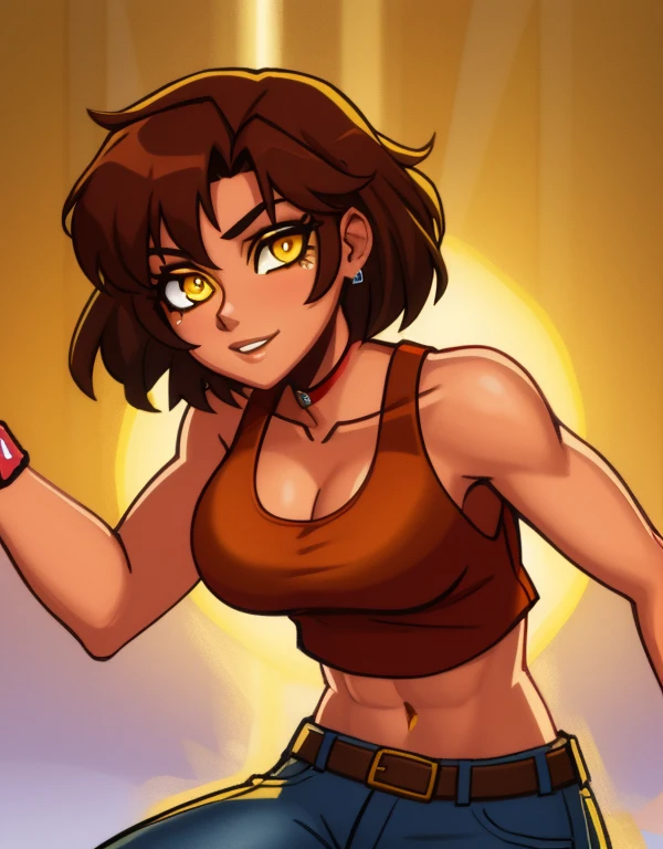 female focus, solo, upper body, 1girl, human, sorcerer, (medium_breasts:1.1), muscular, abs, biceps, (tan skin:1.1), red pixie cut hair, (tattoos:1.1), blood red eyes, (scowling:0.8), half smile, ruby pendant, jewelry, red sleeveless shirt, cleavage cutout, black pants, belt, indoors, (crystals:0.9), (blood:1.1), ancient temple, (sun symbol:1.1), fire symbol, blood magic, stone altar, (runes:1.1), statues, pillars, underground, detailed background, DnD,