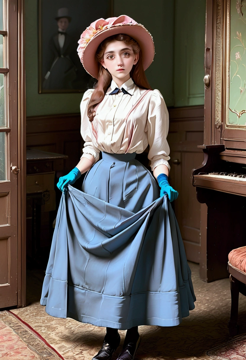 A group of gorgeous teenage girls, of different hair colors, , flirting with old perverts in the 1890s, (((pulling up their long skirts, revealing their high-waisted bloomers))). Victorian setting. 1890_dr3ss. Year 1898. Colorful high-collar shirtwaists with puff sleeves, long skirts, elegant hats, ribbon ties or cameo brooches, gloves, petticoats, thigh-high silk stockings with garters and button boots. Big eyes