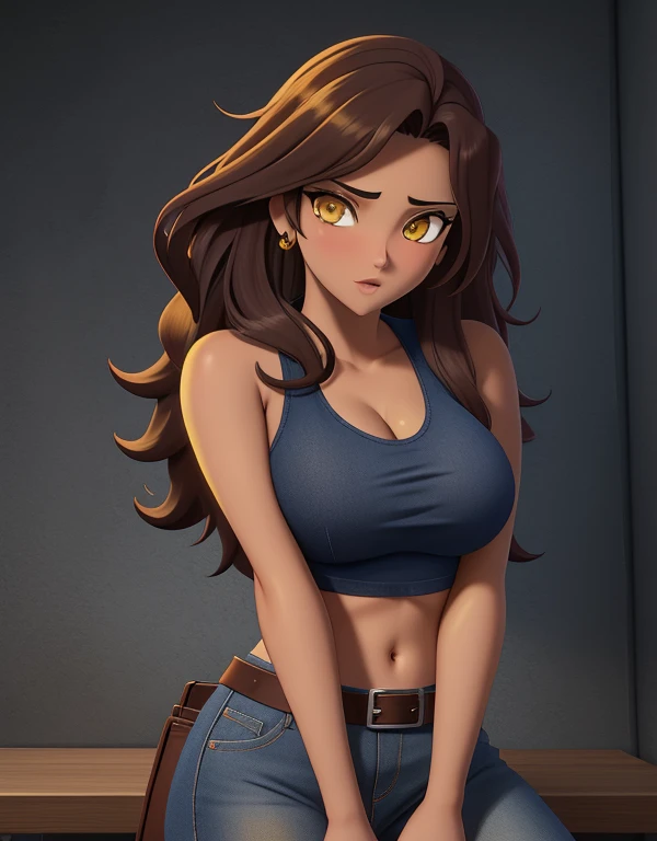 1girl, solo, mixed race Nicaraguan-Navajo woman, 24yo, wavy hair, brown hair, (yellow eyes:1.5), tan-bronze skin, athletic figure, strong muscles, medium breasts BREAK She’s wearing early 2000's fashion: opened red jacket, black tank-top,(midriff), belt, jeans BREAK looking at viewer, BREAK set in the early 2000’s, BREAK (masterpiece:1.2), best quality, high resolution, unity 8k wallpaper, (illustration:0.8), (beautiful detailed eyes:1.6), extremely detailed face, perfect lighting, extremely detailed CG, (perfect hands, perfect anatomy),
