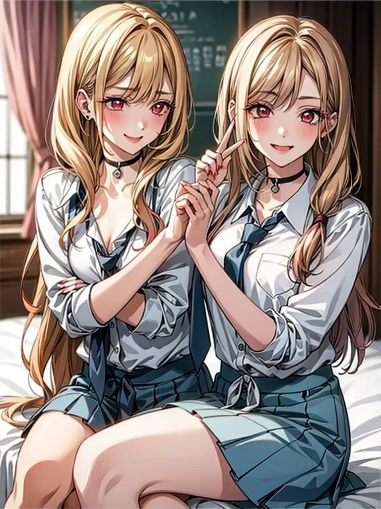 ((Master quality, 8K, masterpiece:1.3, ultra-detailed, high resolution, RAW Photos, detailed , blurry, Actual, ((hyper realistic)), photo, HDR)), BREAK, Anatomically perfect, perfect hands, perfect legs, perfect feet, detailed eyes, BREAK, , kitagawa marin, ((blond long hair, red eyes)) , gyaru, blush, , One girl alone, BREAK, beautiful face, beautiful detailed eyes, , ((( sitting ))), , ( Round and Stacked Breasts, ), Cleavage, , , slim waist, (((, seductive smile ))), Sweat-soaked skin, BREAK, wearing( ,  , school uniform, , white shirt, Navy Blue skirt , jewelry , , ear piercing, earrings, black choker , collared shirt, , nail polish, sparkle, long fingernails, fingernails, , pink nails, , sleeves rolled up, barbell piercing, black necktie, lace bra, , Wet:1.5, ), , BREAK, ( Random Angle, full-body, ), dynamic angle, , background(Realistic , cinematic lighting, depth of field, indoor, herroom, bed, Contemporary style Otaku room, lots of anime posters, A flirty atmosphere, , , light particles)