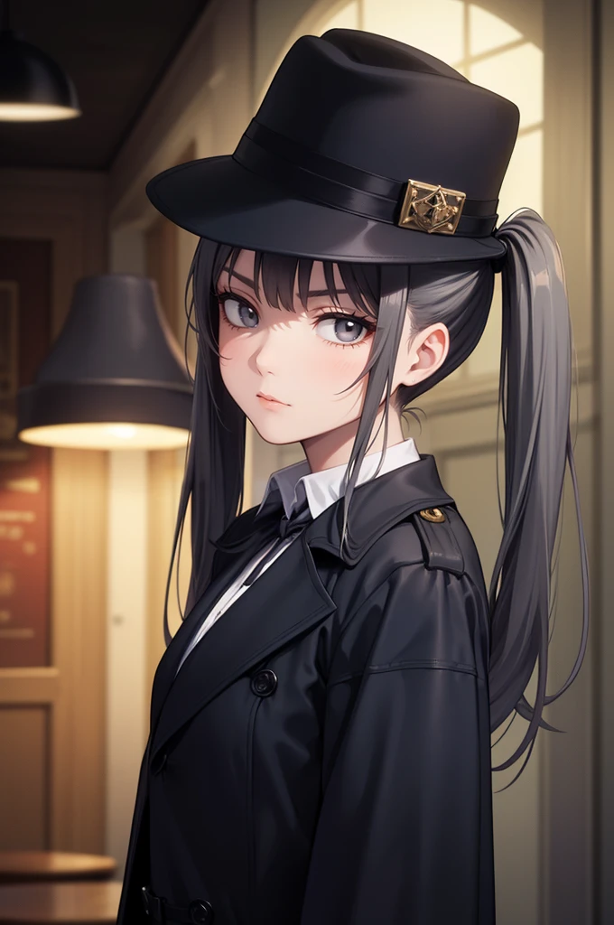 masterpiece,best quality,depth of field,8k,looking down at the viewer,dark gray hair,blue eyes,(charismatic eyes 1:1),chic,black hair,Blue Eyes,wrote deerstalker,frock coat with cape,cigarette in mouth,with arms crossed,male