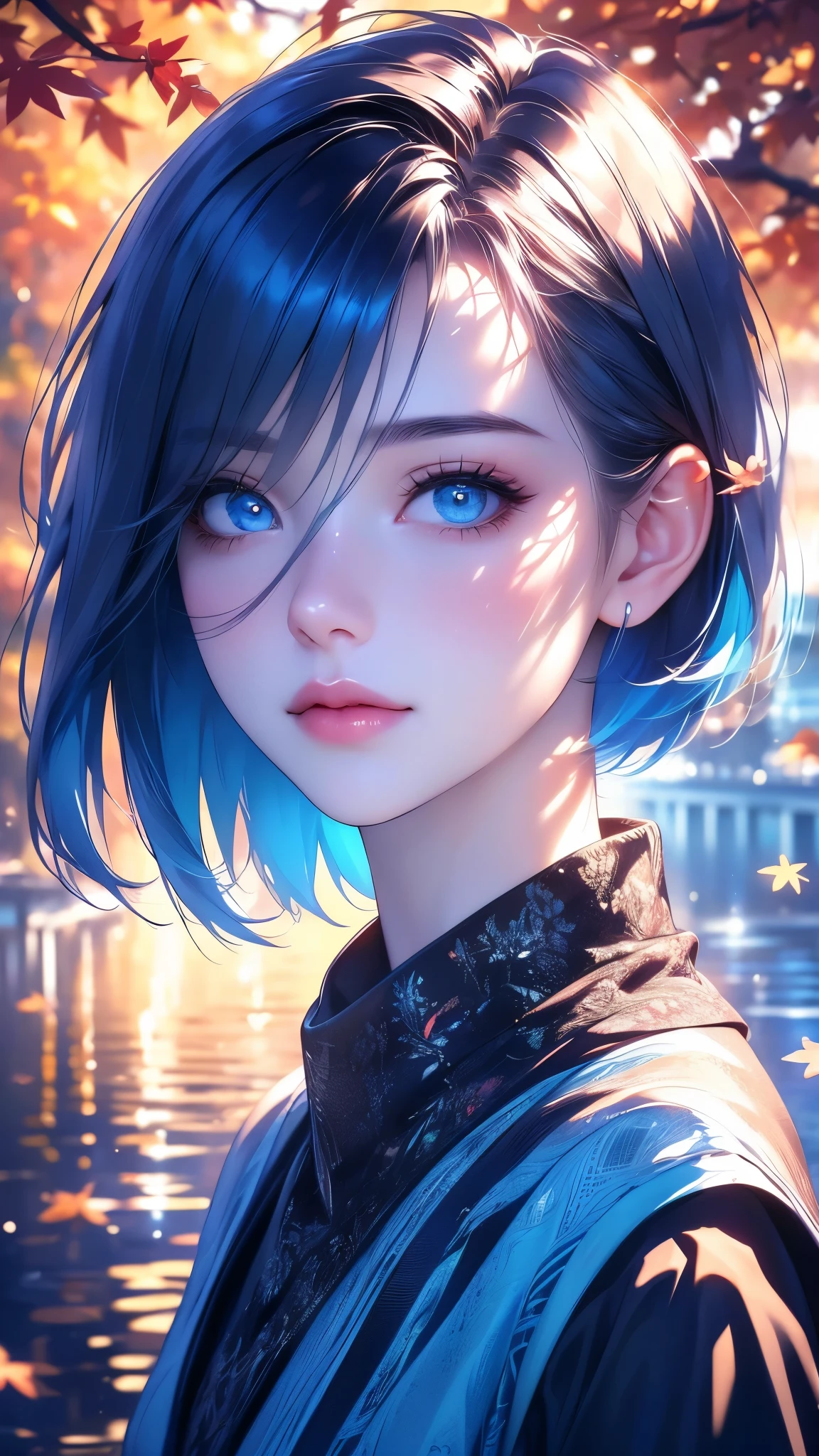 a girl in an autumn park, double exposure, lake, bridge, leaves on the water, monochrome noir, white cold background, art style drawing with colored neon pencil, hyperrealistic characters, the effect of overlaying neon shadows, the effect of late autumn falling in love, flying autumn leaves, fragmentation by leaves, girl with bob haircut, blue eyes, slight smile, emotions of sadness and lost opportunities, red hair, sharp focus, depth of field, mystical noir, mystical special effects, sea breeze effect, beautiful detailed eyes, beautiful detailed lips, extremely detailed eyes and face, long eyelashes, (best quality,4k,8k,highres,masterpiece:1.2),ultra-detailed,(realistic,photorealistic,photo-realistic:1.37),HDR,UHD,studio lighting,ultra-fine painting,physically-based rendering,extreme detail description,professional,vivid colors,bokeh,portraits,concept artists,monochrome,blue,cyan