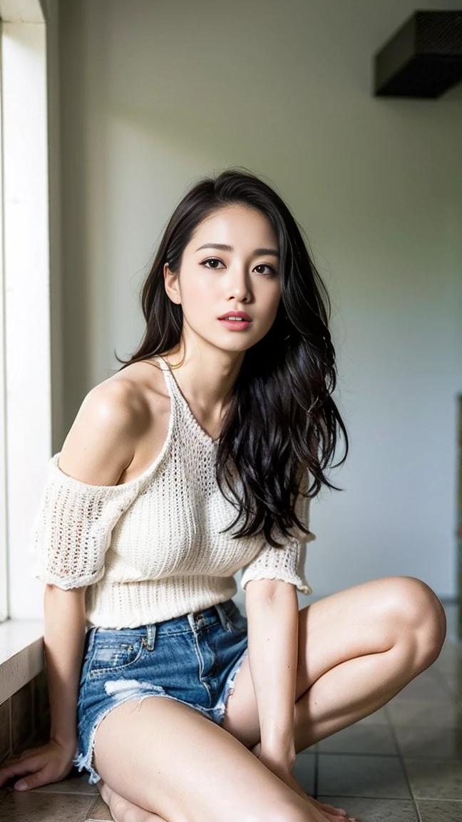 Dark brown hair、Light brown eyes、Japanese actress、 Lady、I40歳くらいです.、(Intricate details:1.2)、(Which is the top???:1.4)、 (Ultra-high resolution:1.2)、Ultra-high resolution、(Finely tuned)、(Detailed facial features)、Hmph、8K resolution、D cup size breasts、Long Hair、Enjoying the sun and shade in Los Angeles、relax、、,Full body photo、Head to toe shot、Beautiful feet、camisole、Denim pants、Blackpink Jenny I、Take this photo、Beautiful feet、she, Fashion Hub, Attention to detail, Very detailed, Realistic, Hourglass Shaped Body, Obscene pose,Leaning against a wall、Place your head against the wall and lift your chin slightly.........、Poses that make you feel weak、Are crying、Deep sorrow、My eyes and cheeks are wet with tears、